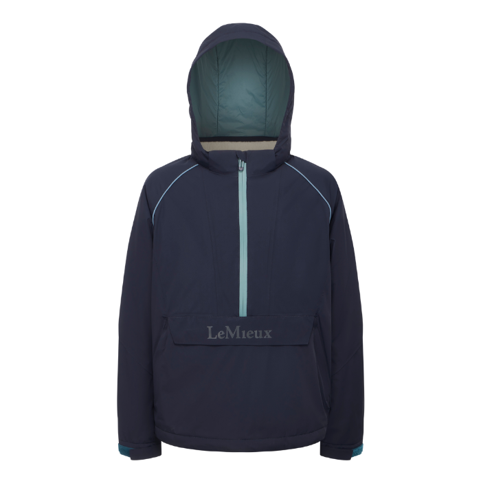 LeMieux AW26 Young Rider Bailey Waterproof Anorak Varient Navy. Navy waterproof jacket with hood and blue zipper on a white background. 