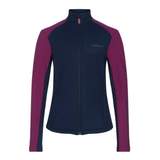 LeMieux AW26 Young Rider Bethany Fleece Zip Through Varient Blackberry. A women's full-zip jacket by LeMieux, featuring a dark navy blue body and magenta-purple raglan sleeves and side panels, with the brand name 'LeMieux' printed on the left chest and sleeve.