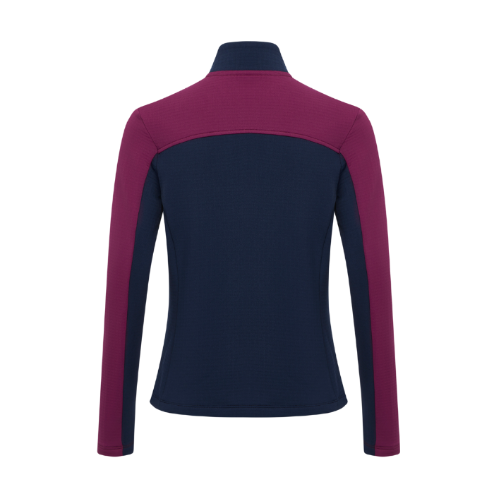 LeMieux AW26 Young Rider Bethany Fleece Zip Through Varient Blackberry. A women's long-sleeve quarter-zip pullover shown from the back, featuring a dark navy blue body and magenta-purple shoulder yoke and sleeves, on a solid white background.