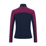 LeMieux AW26 Young Rider Bethany Fleece Zip Through Varient Blackberry. A women's long-sleeve quarter-zip pullover shown from the back, featuring a dark navy blue body and magenta-purple shoulder yoke and sleeves, on a solid white background.