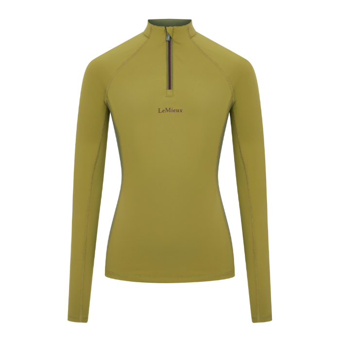 LeMieux AW26 Young Rider Classique Base Layer Variant Colour Gooseberry.
A women's long-sleeve quarter-zip athletic top in green, featuring a small 'LeMieux' logo on the chest and a dark zipper at the collar, shown against a plain white background.
