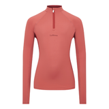 LeMieux AW26 Young Rider Classique Base Layer Variant Colour Spiced Earth.
A women's long-sleeve quarter-zip athletic top in a muted terracotta or salmon pink color, featuring the 'LaMieux' brand name printed in black on the center chest, set against a plain white background.