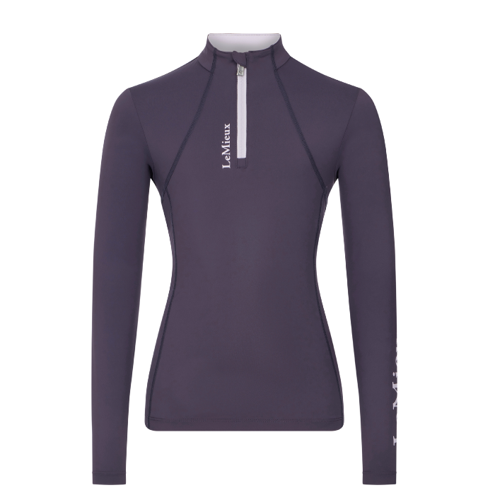 Purple long-sleeve top with a quarter zip on a white background