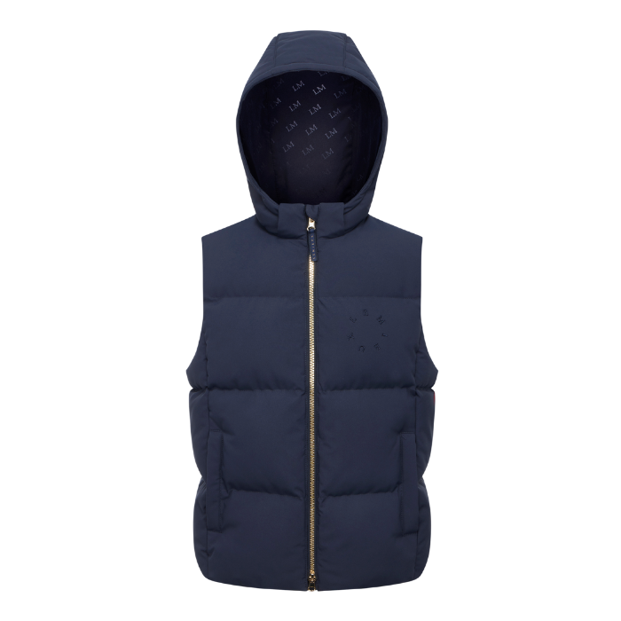 LeMieux AW26 Young Rider Joey Hooded Gilet Varient Navy. A navy blue hooded puffer vest with a gold zipper, shown against a plain white background.