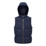 LeMieux AW26 Young Rider Joey Hooded Gilet Varient Navy. A navy blue hooded puffer vest with a gold zipper, shown against a plain white background.