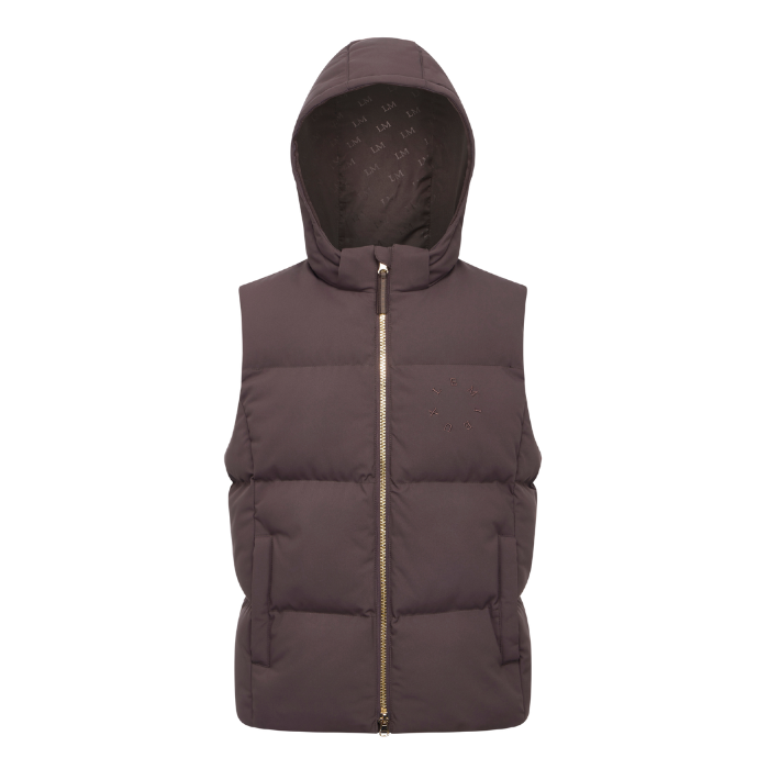 LeMieux AW26 Young Rider Joey Hooded Gilet Varient Cocoa. A dark brown hooded puffer vest with a gold-tone front zipper, shown against a plain white background.