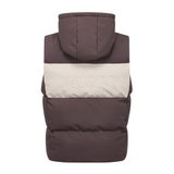 LeMieux AW26 Young Rider Joey Hooded Gilet Varient Cocoa. A puffer vest shown from the back, featuring a large hood with a wide beige horizontal stripe across the middle. The brand name 'LE MIEUX' is printed in light beige on the stripe.