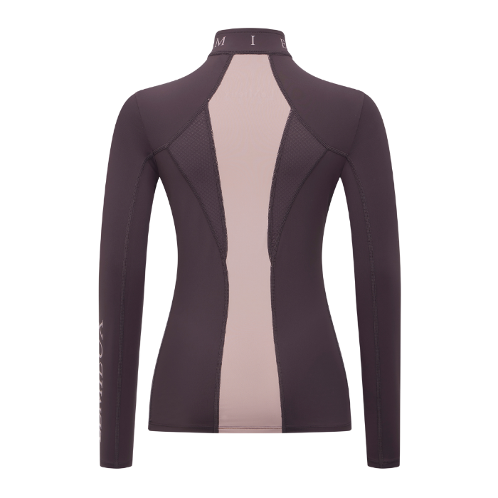 LeMieux AW26 Young Rider Mia Mesh Base Layer Varient Cocoa. A women's long-sleeve high-neck performance top shown from the back, featuring a dark plum color with a wide light beige center panel and mesh details.