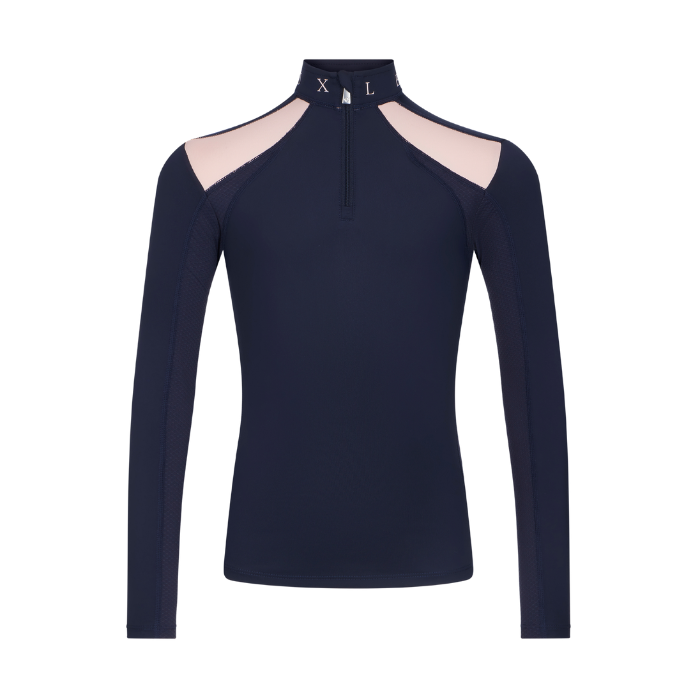 LeMieux AW26 Young Rider Mia Mesh Base Layer Varient Navy. A women's long-sleeve athletic top in navy blue with light pink mesh shoulder panels and a short front zipper, shown on a plain white background.