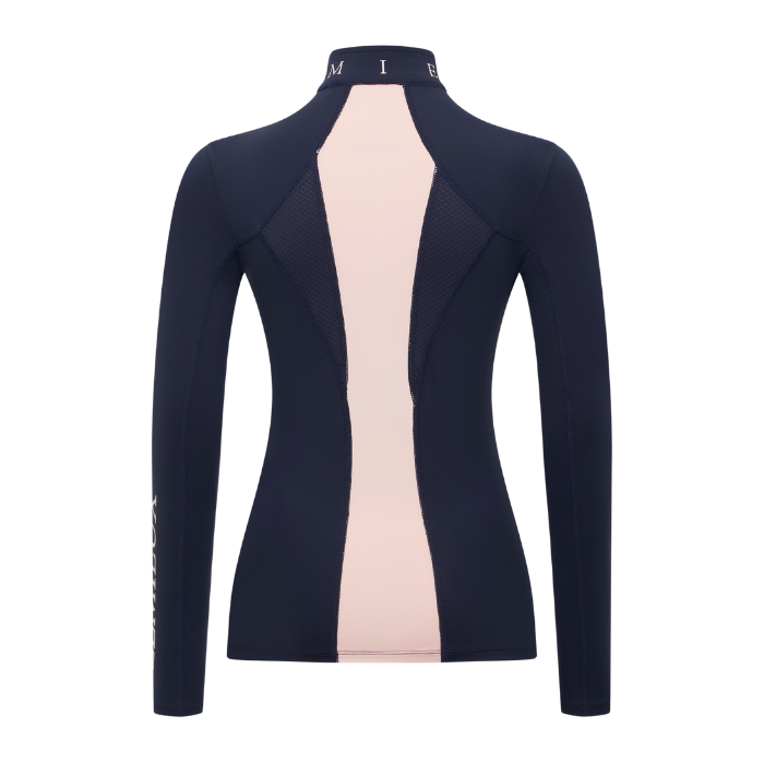 LeMieux AW26 Young Rider Mia Mesh Base Layer Varient Navy. A women's long-sleeve athletic top shown from the back, featuring a dark navy blue body with a wide light pink center panel and matching pink mesh inserts.