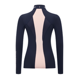 LeMieux AW26 Young Rider Mia Mesh Base Layer Varient Navy. A women's long-sleeve athletic top shown from the back, featuring a dark navy blue body with a wide light pink center panel and matching pink mesh inserts.