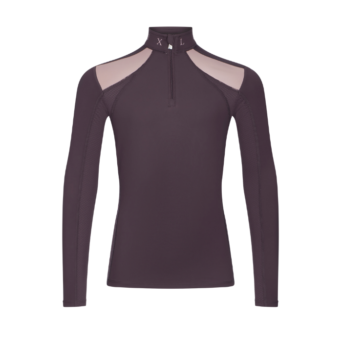 LeMieux AW26 Young Rider Mia Mesh Base Layer Varient Cocoa. A women's long-sleeve quarter-zip athletic top in a dark brown purple color, featuring light pink mesh shoulder panels and a small white logo on the chest.
