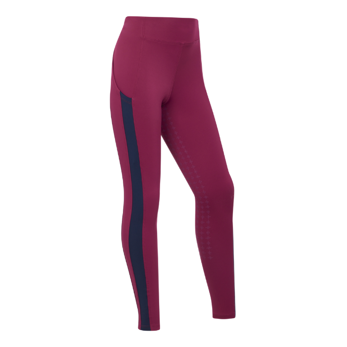 LeMieux AW26 Young Rider Orla Pull Ons Variant Colour Blackberry.
A pair of high-waisted athletic leggings with a dark navy blue side stripe, shown from the side on a plain white background.