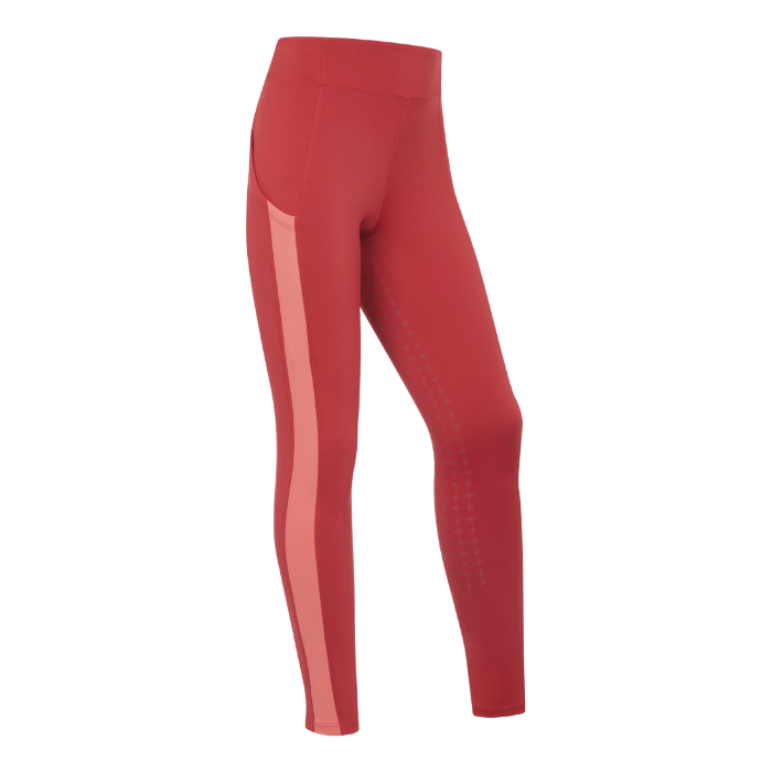 LeMieux AW26 Young Rider Orla Pull Ons Variant Colour Russet.
A pair of high-waisted athletic leggings with a Pale pink side stripe, shown from the side on a plain white background.