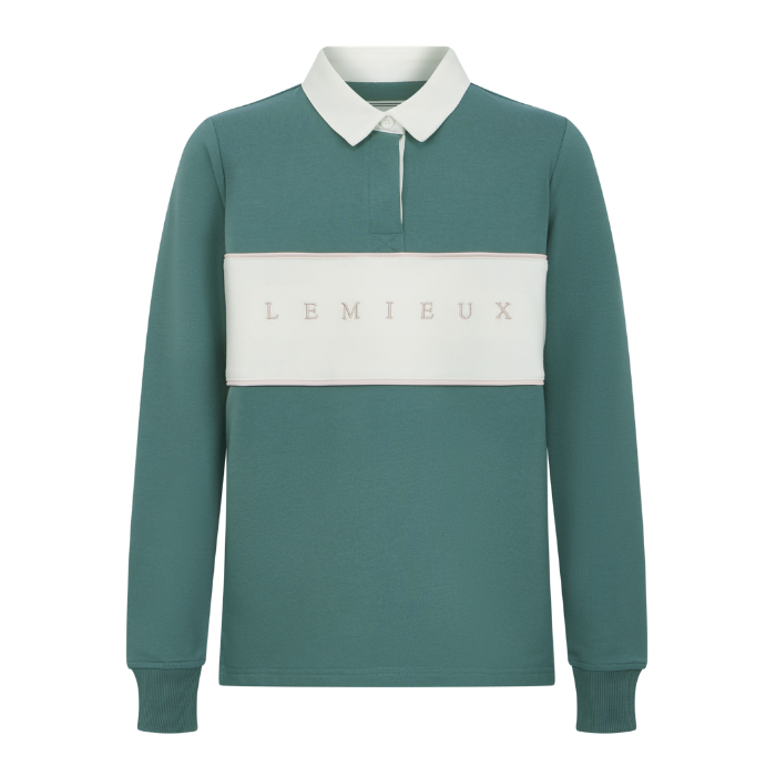 LeMieux AW26 Young Rider Riley Rugby Shirt Varient Aloe. A long-sleeve polo shirt in teal green with a contrasting white collar and a wide white horizontal chest stripe featuring the brand name 'LEMIEUX' in beige lettering.