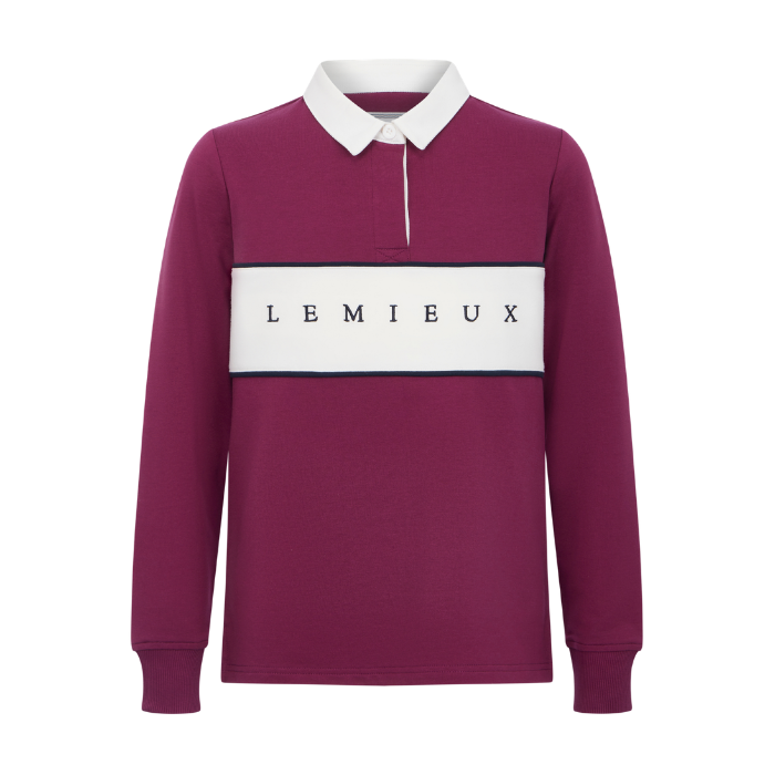 LeMieux AW26 Young Rider Riley Rugby Shirt Varient Blackberry. A long-sleeve polo shirt in deep burgundy with a contrasting white collar and a white horizontal chest stripe featuring the brand name 'LEMIEUX' in black text.