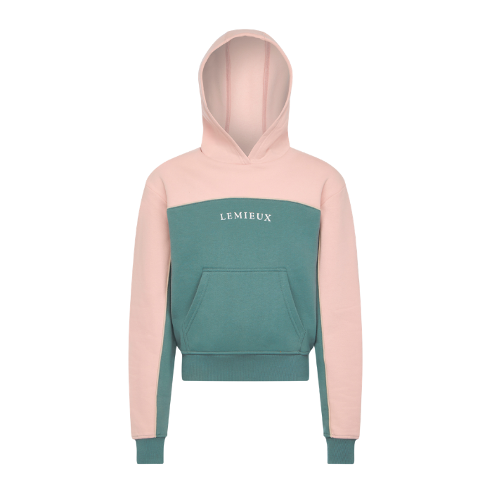 LeMieux AW26 Young Rider Sadie Hoodie Variant Colour Aloe.
A colorblock hoodie with a pale pink hood and sleeves, a aloe colour body panel, and thin cream piping details. The brand name 'LEMIEUX' is printed in white across the chest. on white background.