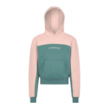 LeMieux AW26 Young Rider Sadie Hoodie Variant Colour Aloe.
A colorblock hoodie with a pale pink hood and sleeves, a aloe colour body panel, and thin cream piping details. The brand name 'LEMIEUX' is printed in white across the chest. on white background.