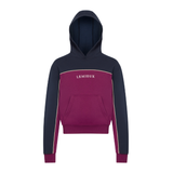 LeMieux AW26 Young Rider Sadie Hoodie Variant Colour Blackberry.
A colorblock hoodie with a navy blue hood and sleeves, a blackberry body panel, and thin cream piping details. The brand name 'LEMIEUX' is printed in white across the chest. on white background.