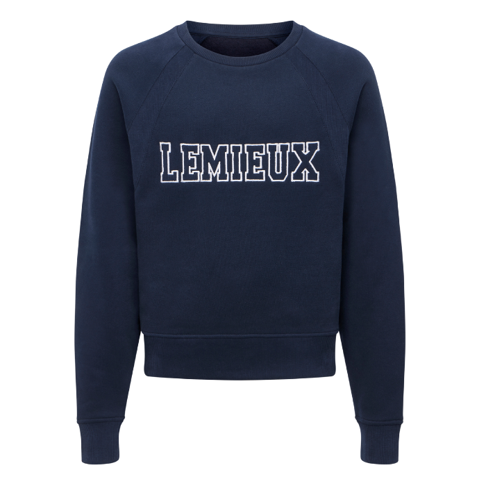 LeMieux AW26 Young Rider Shay Varsity Crew Varient Navy. A navy blue crewneck sweatshirt with 'LEMIEUX' printed across the chest in white varsity-style block letters, shown against a plain white background.