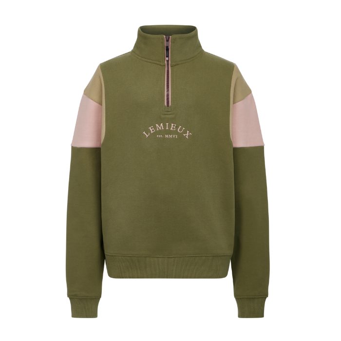 LeMieux AW26 Young Rider Viola Quarter Zip Sweat Variant Colour Willow Green.
A quarter-zip sweatshirt by Lemieux in Willow Green, featuring light green and pink color-blocked shoulder panels, with a pink zipper and white embroidered logo on the chest. On white background.