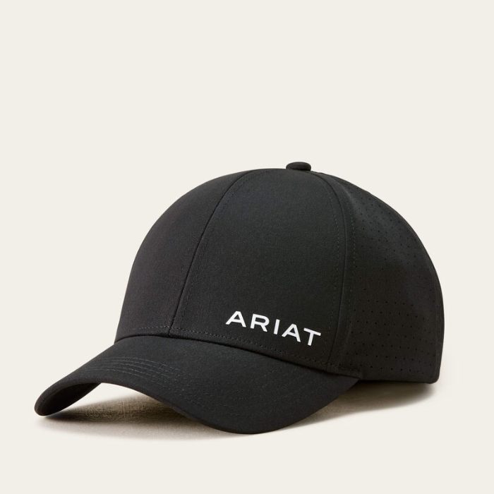 Black baseball cap 'Ariat' logo on cream background