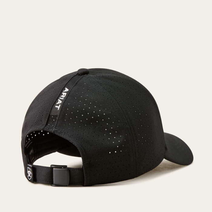 Black baseball cap 'Ariat' logo on cream background showing reverse of cap