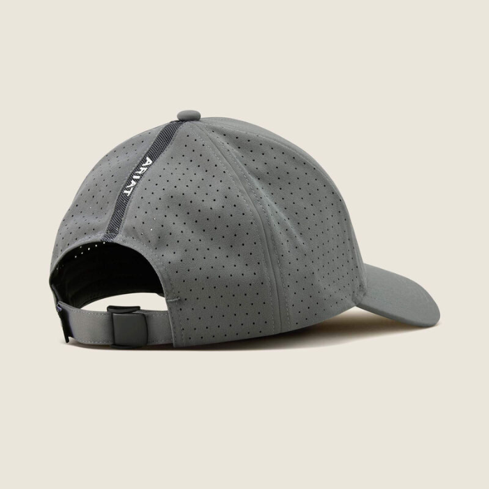 Gray cap with black brim on a beige background