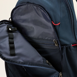 Navy blue backpack with open front compartment on a light beige background