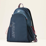 Navy blue backpack with Ariat logo on a beige background