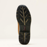 Close-up of a shoe sole with a textured pattern on a light beige background