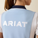Blue and white polo shirt with ARIAT logo on a plain background