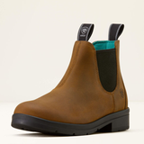 Brown leather boot with black sole on a white background