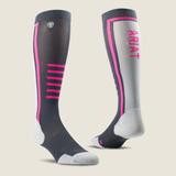 Two pairs of knee-high socks with pink accents on a beige background