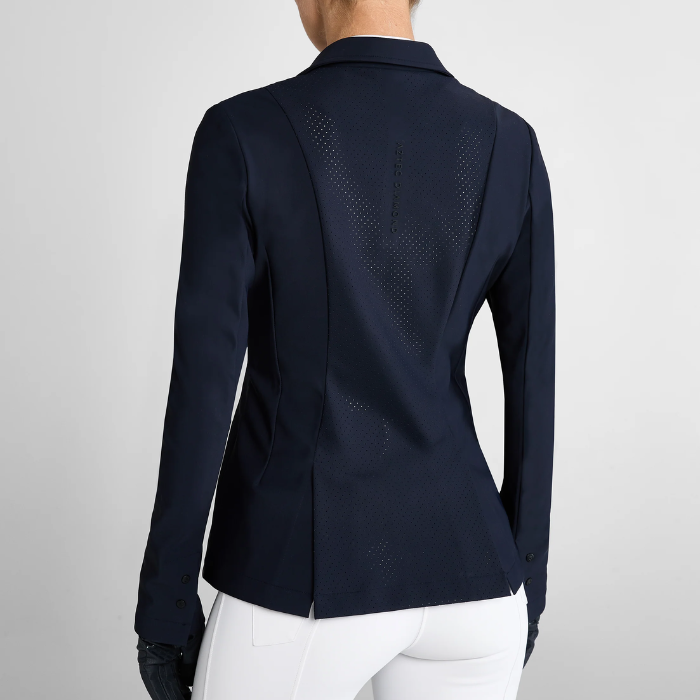 Navy blue equestrian show jacket on a plain background