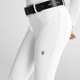 Close-up of a pair of white riding breeches with diamond logo design on a grey background