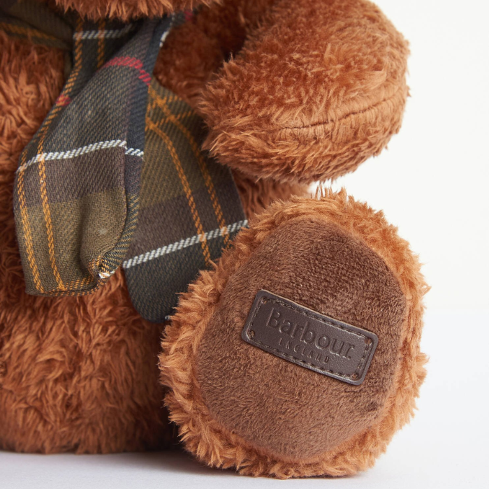 Barbour branding detail on foot of a plush toy 