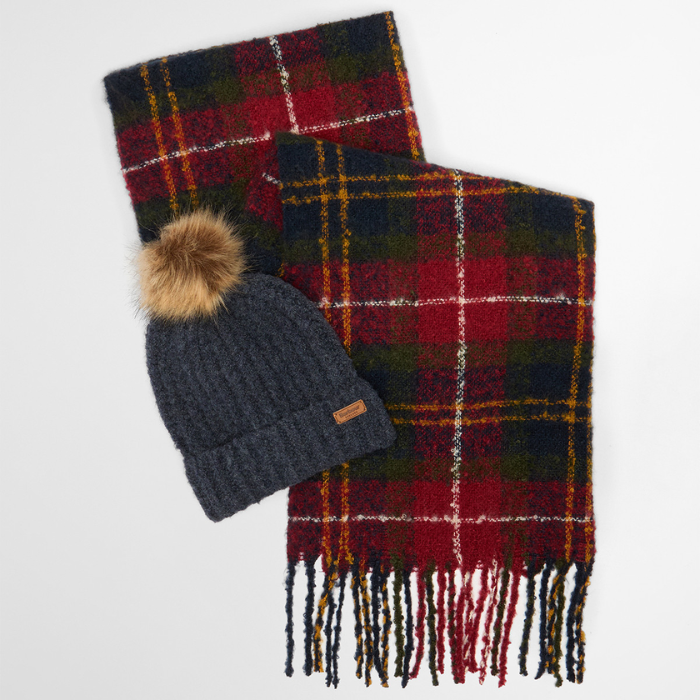 Plaid scarf with a gray knit beanie featuring a pom-pom on a white background