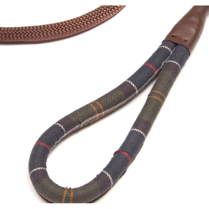 Dog leash with plaid pattern and brown handle on a white background