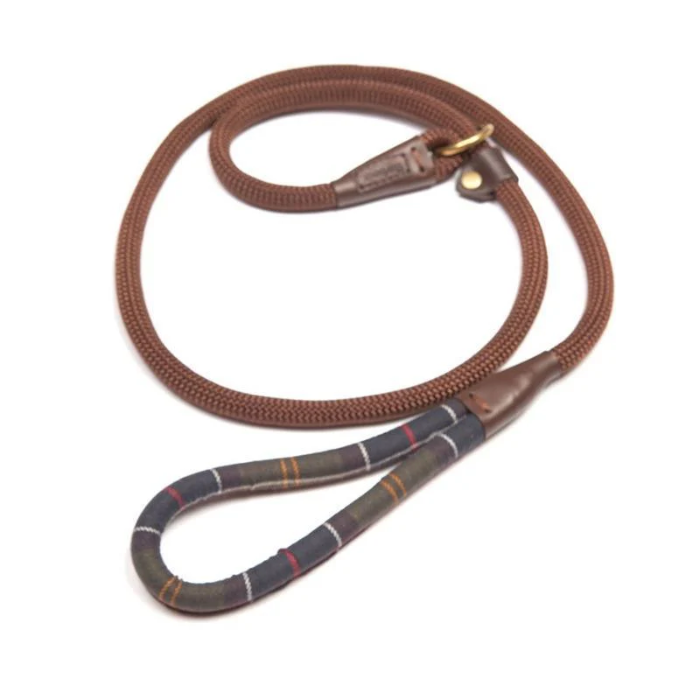 Brown dog leash with leather handle on a white background