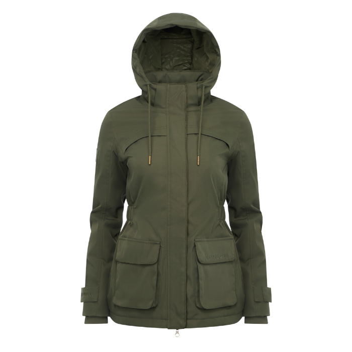 LeMieux AW26 Heritage Beatrice Waterproof Coat Varient Olive. An olive green hooded jacket with a full front zipper, drawstring hood, and two large front flap pockets, shown on a plain white background.