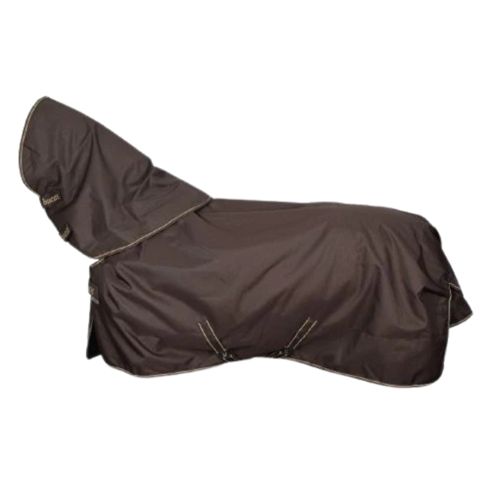 Brown horse blanket with a hood on a white background