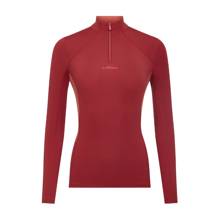 LeMieux AW26 Classique Base Layer Variant Colour Russet.
A long-sleeve quarter-zip athletic top with a mock neck, shown on a plain white background. The brand name 'LaMireux' is printed in white on the center chest.