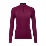 LeMieux AW26 Classique Base Layer Variant Colour Blackberry.
A women's long-sleeve quarter-zip performance top, featuring a mock neck, black zipper, and subtle dark side paneling, shown on a plain white background.