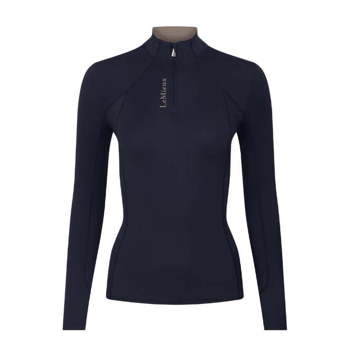LeMieux AW26 Classique Base Layer Variant Colour Navy.
A dark navy long-sleeve quarter-zip athletic top with a mock neck, displayed on a headless mannequin torso against a plain white background. The brand name 'LeMieux' is printed vertically in gold on the left chest.