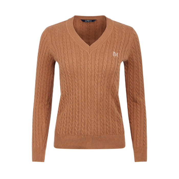 LeMieux AW26 Cora Cable V-Neck Knit Jumper Variant Colour Caramel. 
A women's long-sleeve V-neck cable-knit sweater in a warm camel brown color, featuring a small white embroidered logo on the left chest, shown against a plain white background.