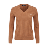 LeMieux AW26 Cora Cable V-Neck Knit Jumper Variant Colour Caramel. 
A women's long-sleeve V-neck cable-knit sweater in a warm camel brown color, featuring a small white embroidered logo on the left chest, shown against a plain white background.