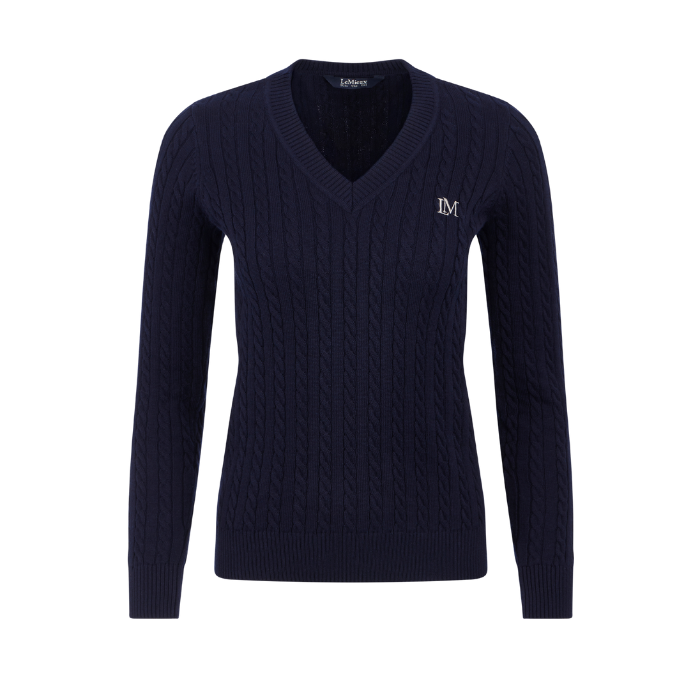LeMieux AW26 Cora Cable V-Neck Knit Jumper Variant Colour Navy.
A navy blue cable-knit V-neck sweater with a small white embroidered 'IM' logo on the left chest, displayed on a clean white background.