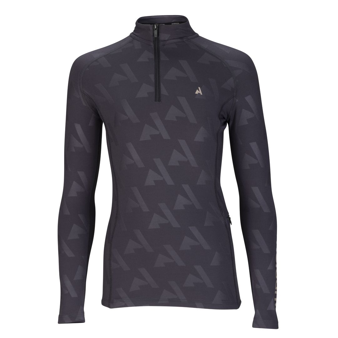 Black long-sleeve equestrian base layer abstract pattern on a white background