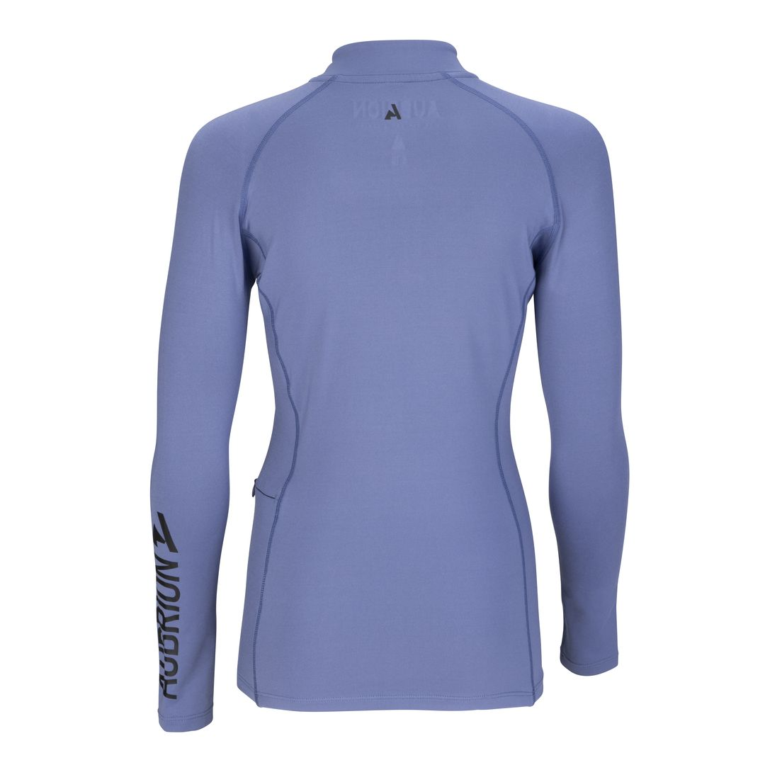 Blue long-sleeve equestrian base layer with zipper on a white background